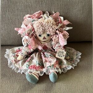 Handmade adorable pink Raggedy Ann doll in Beach blue and pink colors.